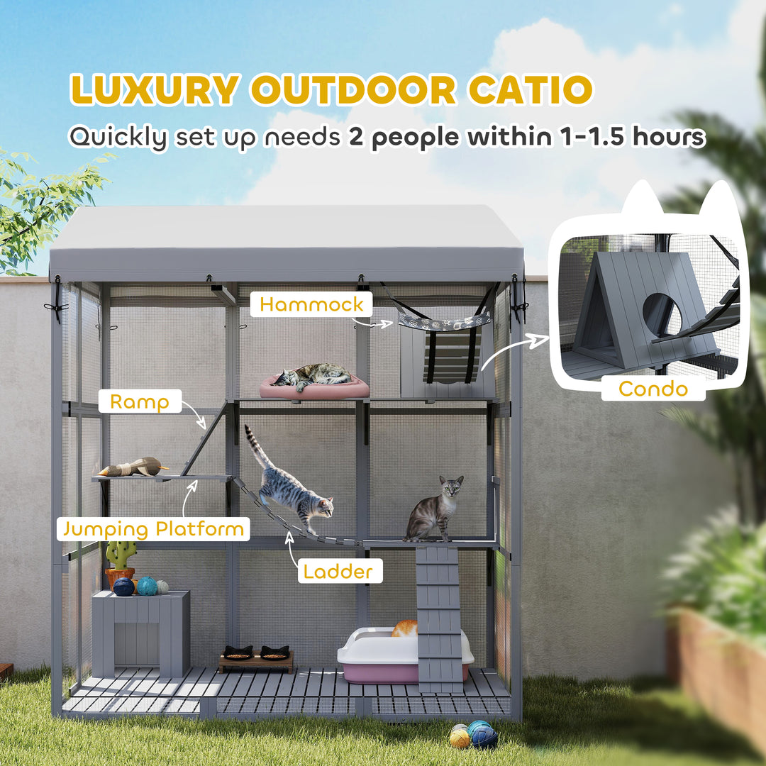 PawHut 81"H Catio Outdoor with Floor to Prevent Escaping & Easy Cleaning, for 2-4 Cats Kittens, Grey
