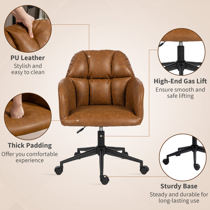 HOMCOM Swivel Office Chair, Faux Leather Desk Chair with Adjustable Height for Living Room, Bedroom, Study, Brown