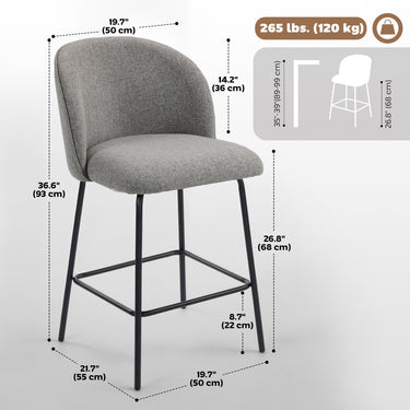 HOMCOM Set of 2 Counter Height Barstools, Upholstered Linen Bar Stools with Backrest, Footrest and Steel Legs, Dark Grey
