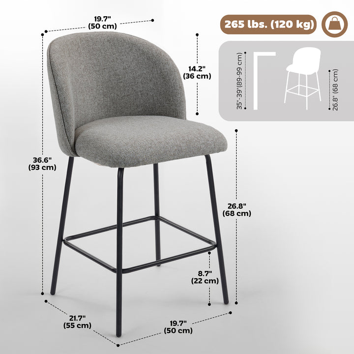 HOMCOM Set of 2 Counter Height Barstools, Upholstered Linen Bar Stools with Backrest, Footrest and Steel Legs, Dark Grey