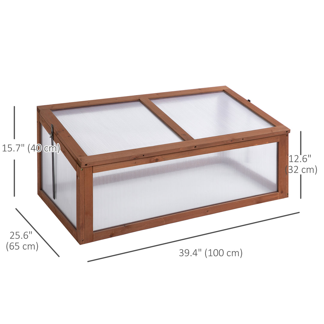 Outsunny 39" x 26" x 16" Wooden Cold Frame with Openable and Tilted Top Cover, Small Polycarbonate Planter Box for Flowers, Vegetables, Plants, Brown