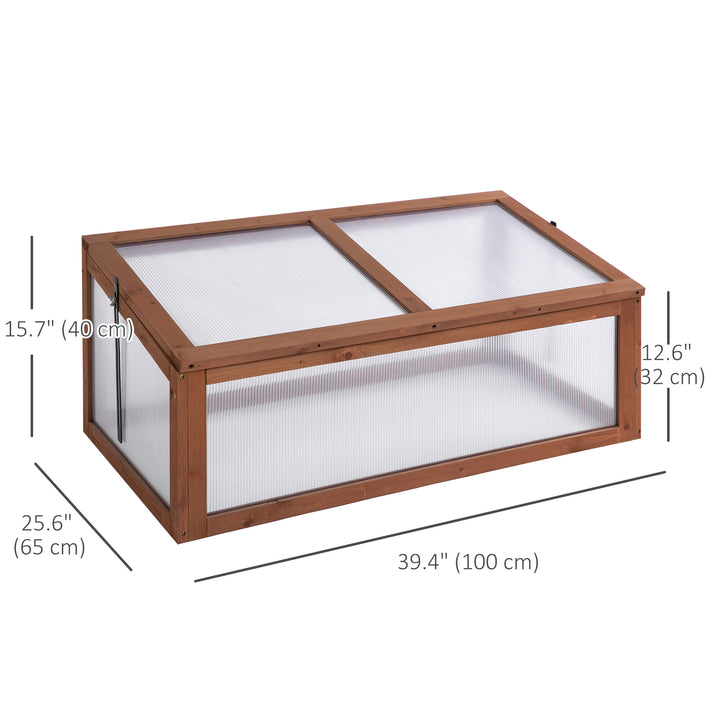 Outsunny 39" x 26" x 16" Wooden Cold Frame with Openable and Tilted Top Cover, Small Polycarbonate Planter Box for Flowers, Vegetables, Plants, Brown