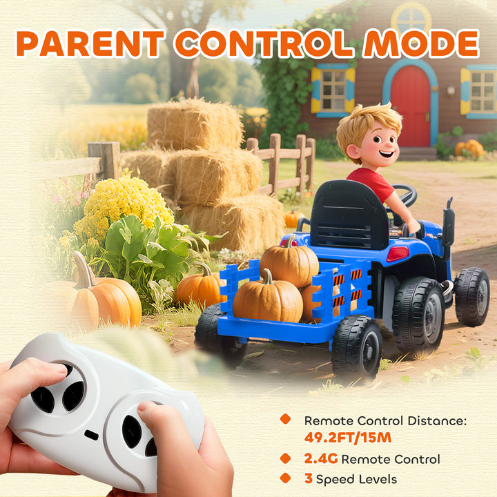 Qaba 12V Kids Ride On Tractor with Trailor, Remote Control, Music, Lights, Shifter, for Kids Ages 3-8 Years, Blue