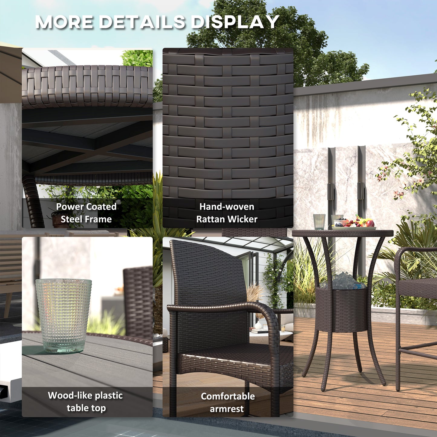 Outsunny 3 Pieces Patio Bar Set, Rattan Bistro Table and Chairs, Outdoor Conversation Furniture Set with Ice Bucket, Dark Brown