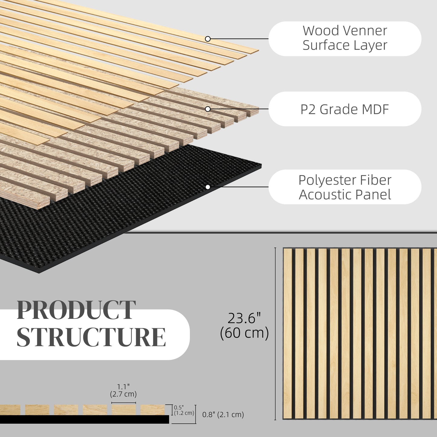 HOMCOM 24"x24" Wood Panels for Wall, 4 Pack Acoustic Panels, Sound Absorbing Slat Wall For Interior Wall Decor, Home, Grey