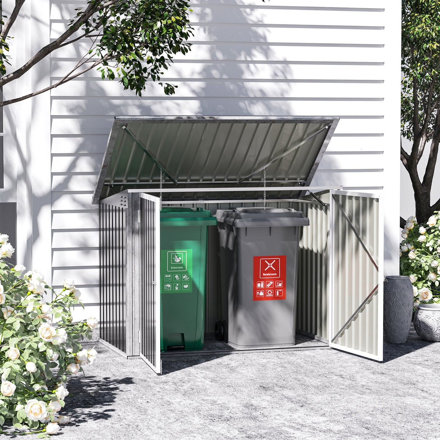 Outsunny Outdoor Metal Storage Shed Garden Garbage Can Organizer with Double Door and Vents for 2 Trash Cans, Dark Grey