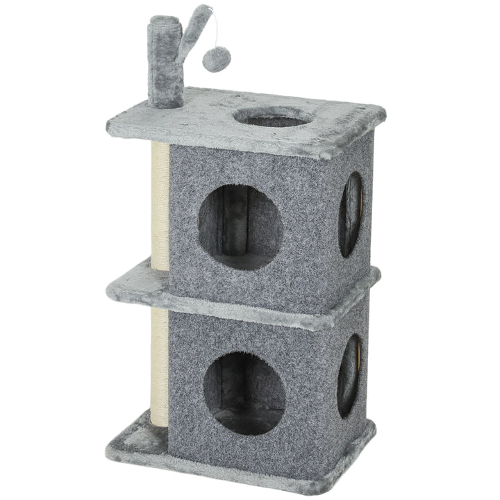 PawHut 31.5" Cat Tree, Multi-Level Cat Tower with 2 Condos and Soft Plush Perches for 1-2 Cats, Grey
