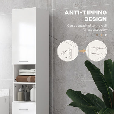 kleankin 71" Tall Bathroom Storage Cabinet, Narrow Linen Tower with Drawer, Open Shelves, 2 Doors Cabinets and Adjustable Shelves, High Gloss White