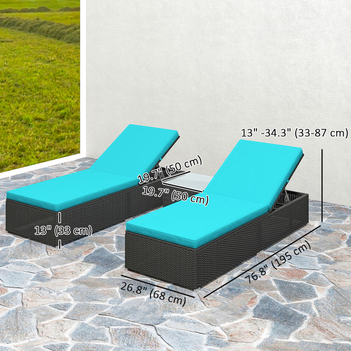 Outsunny 3pc Rattan Lounge Chair Set with Side Table Outdoor Patio Synthetic Rattan Wicker Sun Bed Set with Cushion