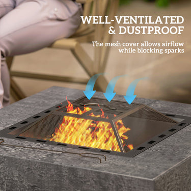 Outsunny Fire Pit with Fire Poker, Wood Burning Firepit for Outside with Mesh Lid, Magnesium Oxide Stone Texture, Charcoal Grey