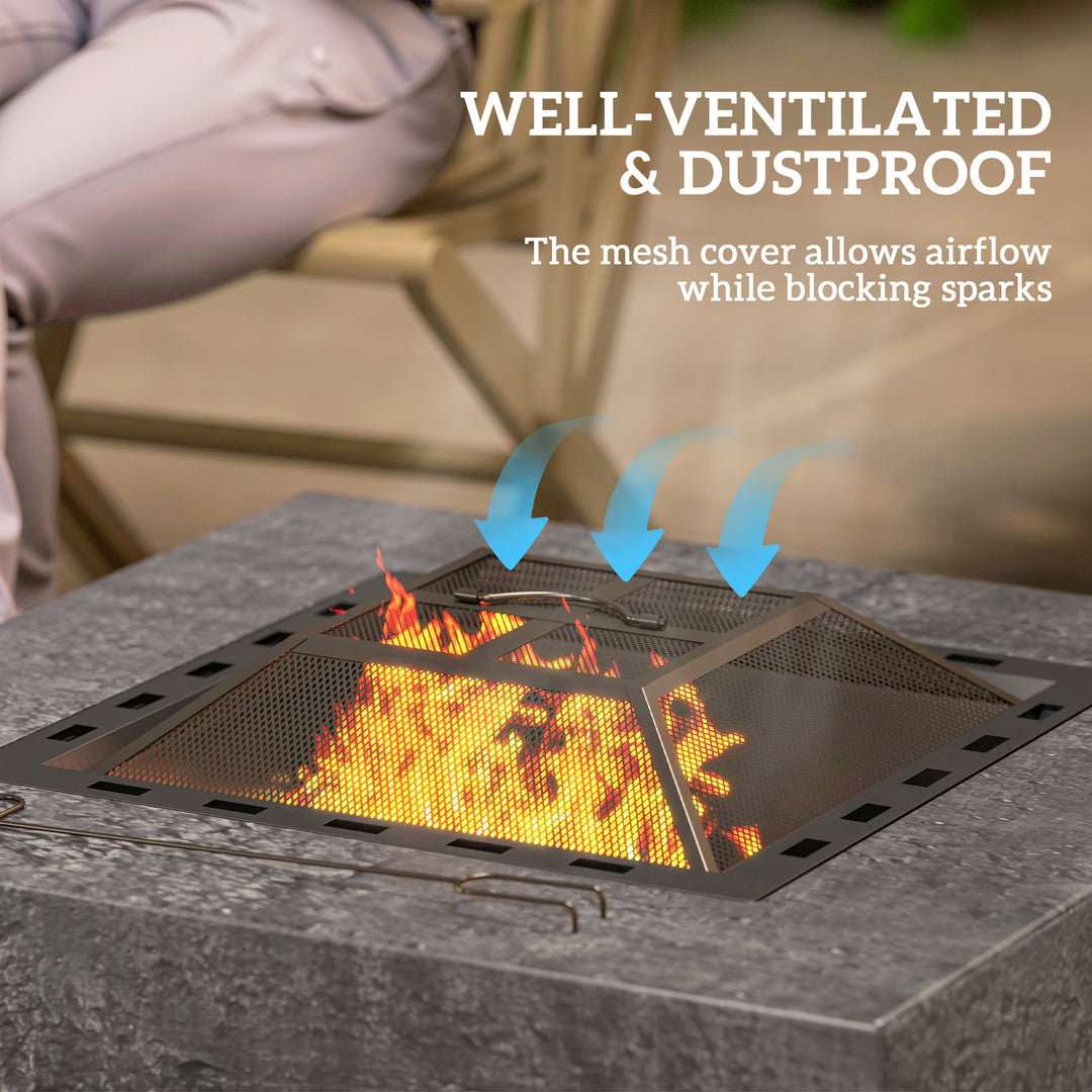 Outsunny Fire Pit with Fire Poker, Wood Burning Firepit for Outside with Mesh Lid, Magnesium Oxide Stone Texture, Charcoal Grey