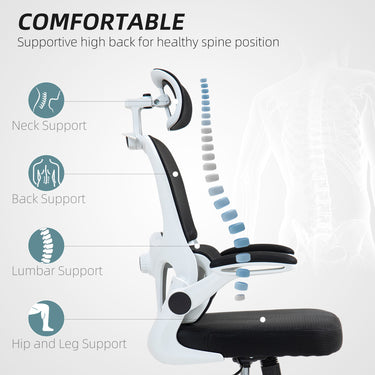 HOMCOM Mesh Office Chair, Ergonomic Desk Chair with Flip-up Armrest, Rotatable Headrest, Adjustable Lumbar Support, Black
