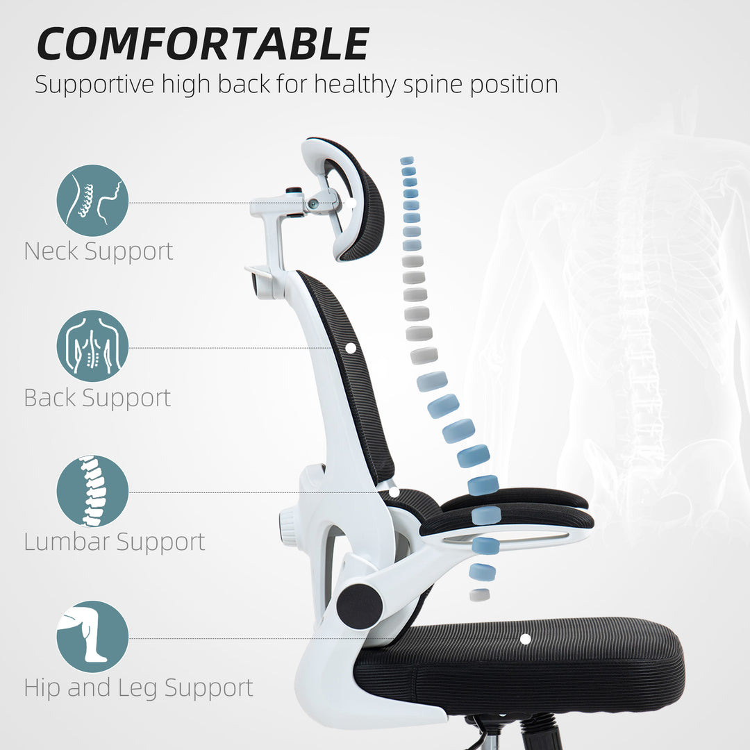 HOMCOM Mesh Office Chair, Ergonomic Desk Chair with Flip-up Armrest, Rotatable Headrest, Adjustable Lumbar Support, Black