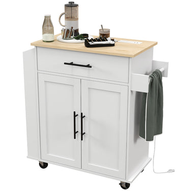 HOMCOM Rolling Island with Wheels for Kitchen, Kitchen Island on Rollers with Power Outlets, Drawer and Doors