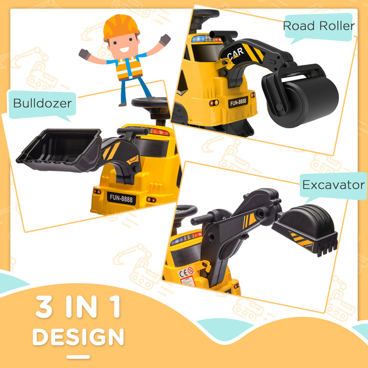 Aosom 3 in 1 Ride on Excavator Bulldozer Road Roller, No Power Pretend Play Construction with Music, for 18-48 Months, Yellow