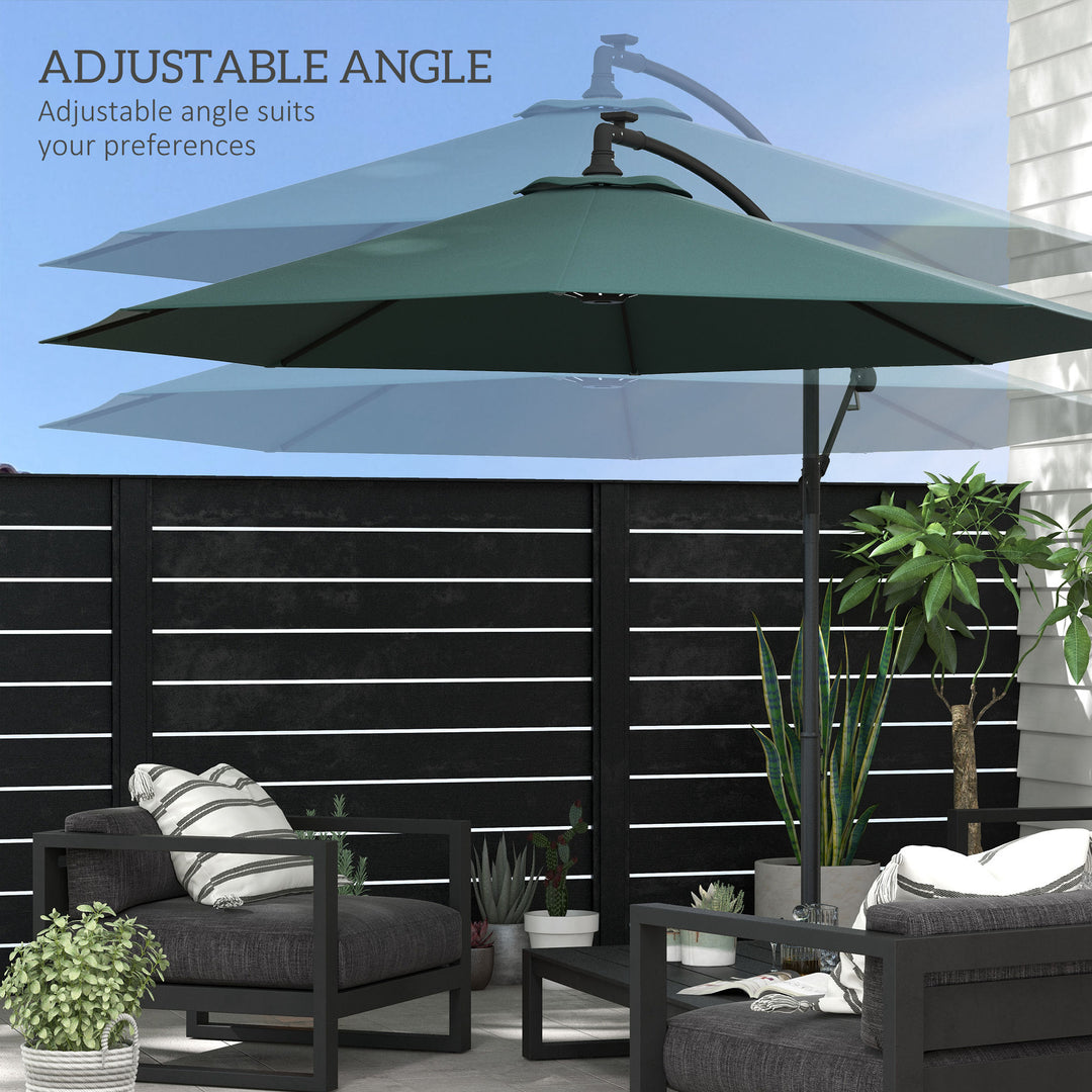 Outsunny 10ft Outdoor Cantilever Hanging Offset Umbrella with Solar LED Lights, Crank, Cross Base, Aluminum Frame, Green