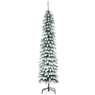 HOMCOM 6 Ft Snow-Flocked Artificial Christmas Tree, Slim Pencil Xmas Tree with Realistic Branches, Metal Base, Green