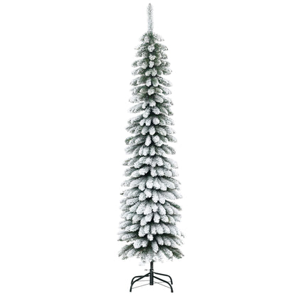 HOMCOM 6 Ft Snow-Flocked Artificial Christmas Tree, Slim Pencil Xmas Tree with Realistic Branches, Metal Base, Green