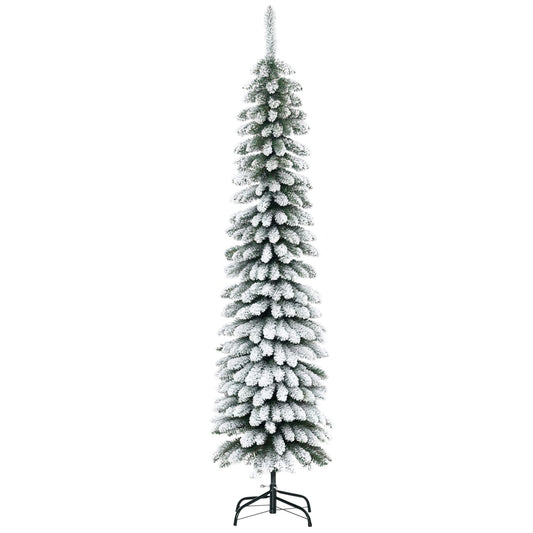 HOMCOM 6 Ft Snow-Flocked Artificial Christmas Tree, Slim Pencil Xmas Tree with Realistic Branches, Metal Base, Green