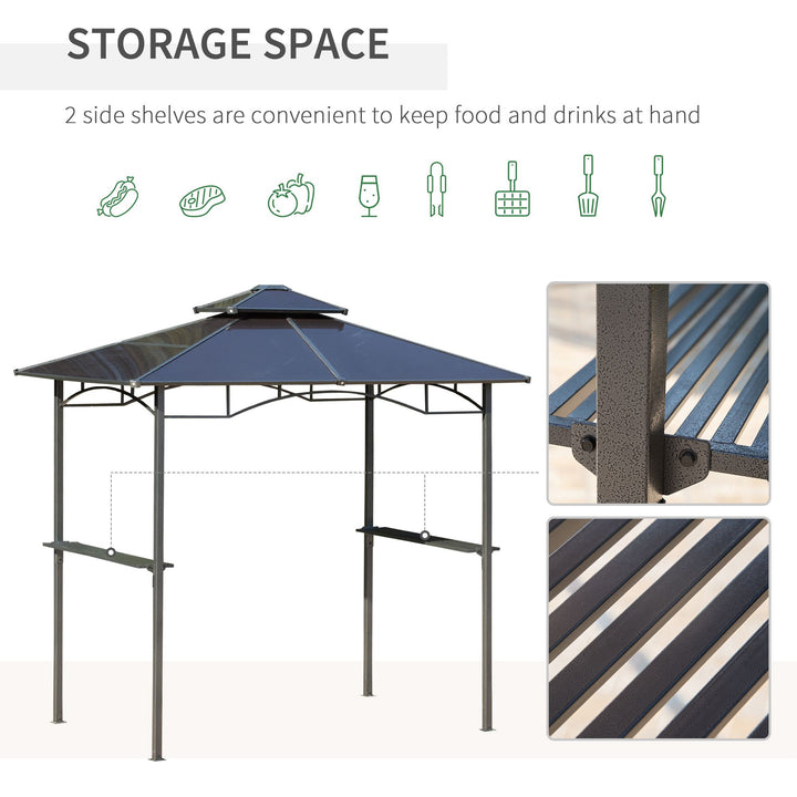 Outsunny 8' x 5' Hardtop Grill Gazebo, Aluminium BBQ Canopy Gazebo, Outdoor Canopy with Side Shelves & Double Roof