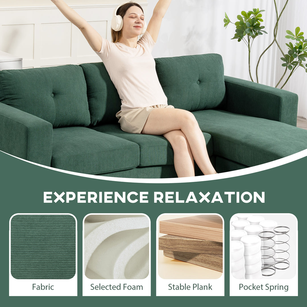 HOMCOM Sectional Sofa with Changeable Chaise Lounge, 3 Seat L-Shaped Sofa, Upholstered Couch for Small Space, Dark Green