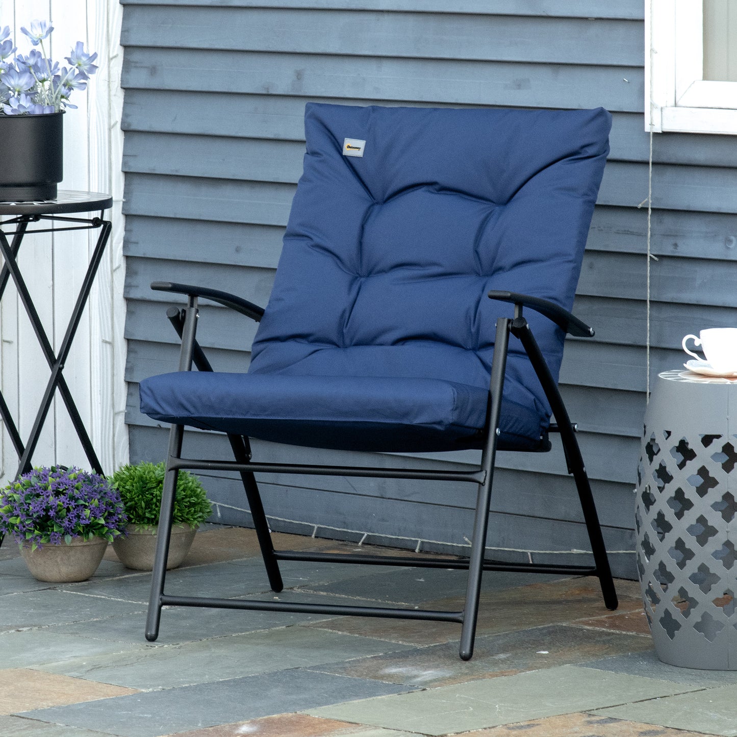 Outsunny Foldable Lounge Chair, Fabric Upholstered Recliner, Outdoor Lounger with Armrest, Metal Frame for Backyard, Blue