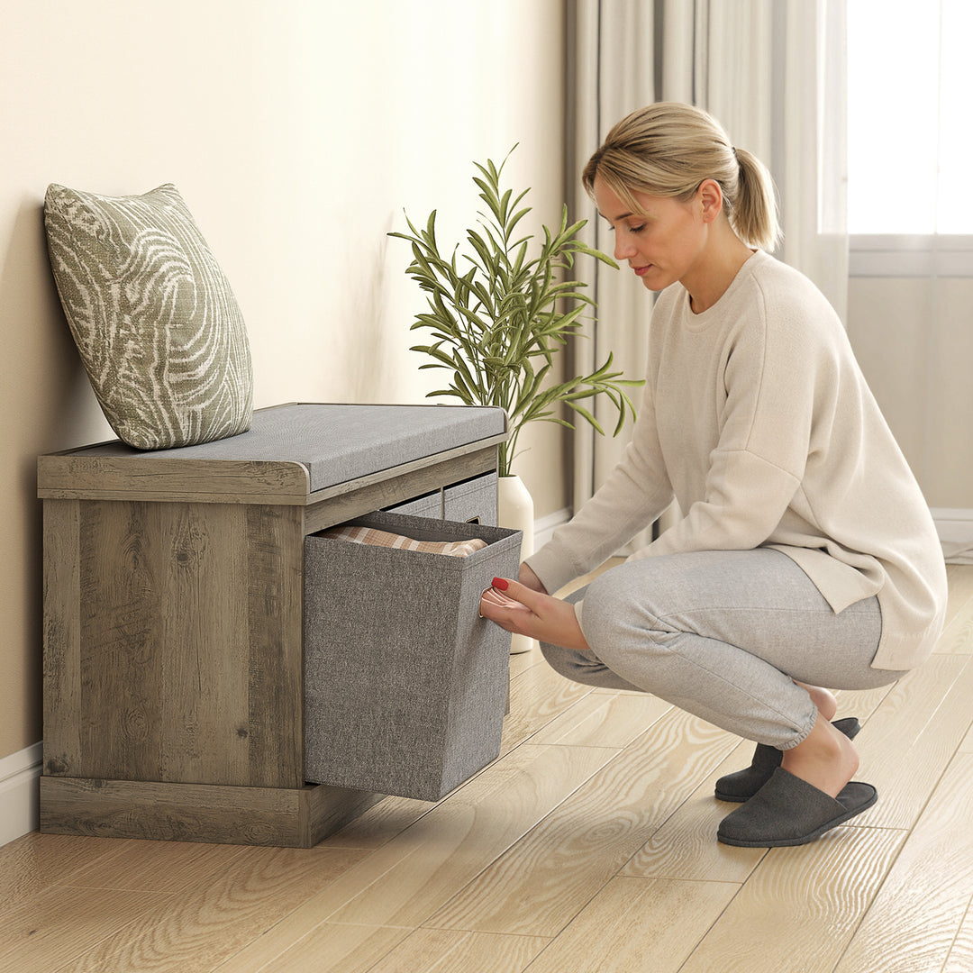 HOMCOM Shoe Storage Bench with Seat, Entryway Bench Seat with Cushion, 3 Fabric Drawers for Hallway, Grey