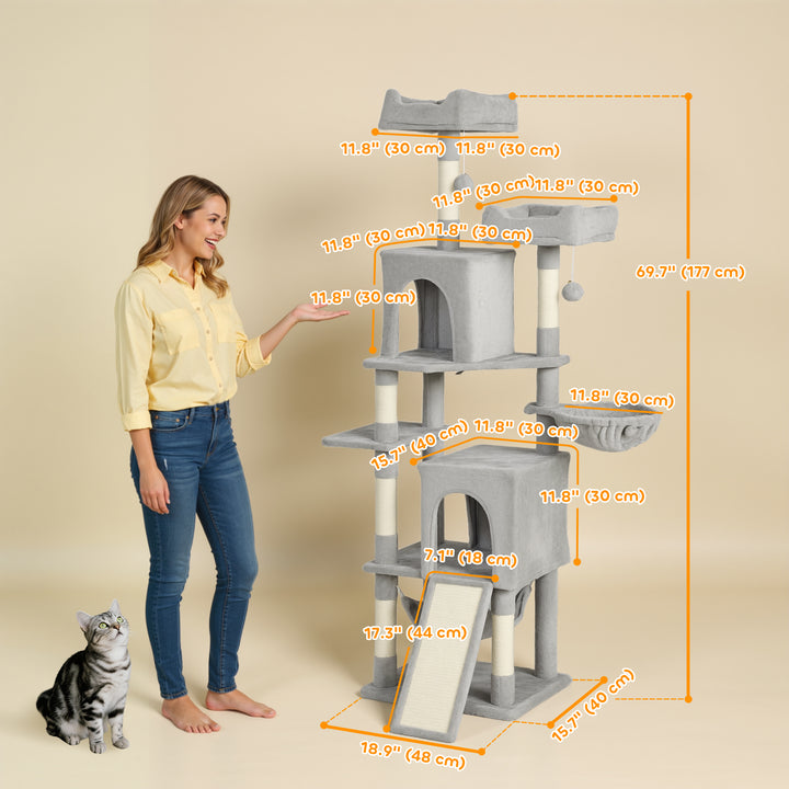 PawHut Cat Tree, 70" Multi-Level Cat Tower with 2 Condos, 2 Perches, Hammock, Toy Balls, Scratching Posts and Board, Green