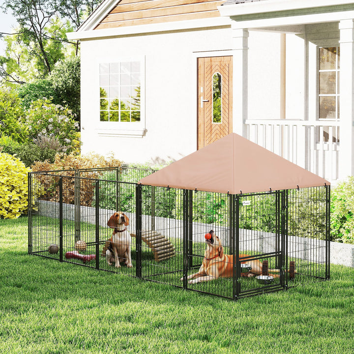 PawHut Outdoor Dog Kennel with Rotating and Adjustable Height Bowls, Waterproof UV-Resistant Cover, 11.3' x 4.7' x 5.1'