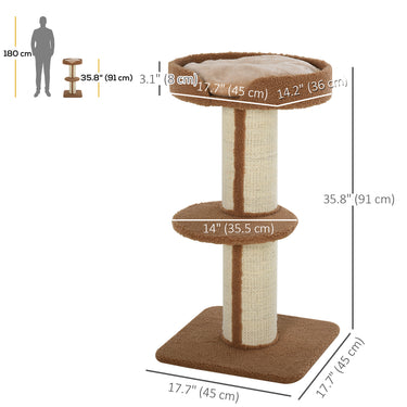 PawHut Cat Tree Kitty Tower with Sisal Mat Scratching Post, Cat Bed, Cushion, Perch, 18" x 18" x 36", Brown