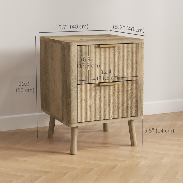 HOMCOM Night Stands Set of 2, Nightstands with Finger Pulls and Fluted Drawers, Bedside Tables with Round Edges, Oak