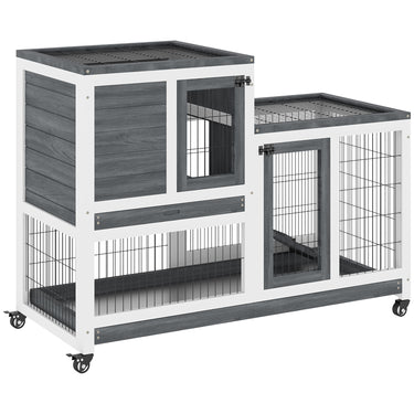 PawHut Wooden Rabbit Hutch, Indoor Bunny Cage with Wheels, Pull Out Trays, Run, Grey
