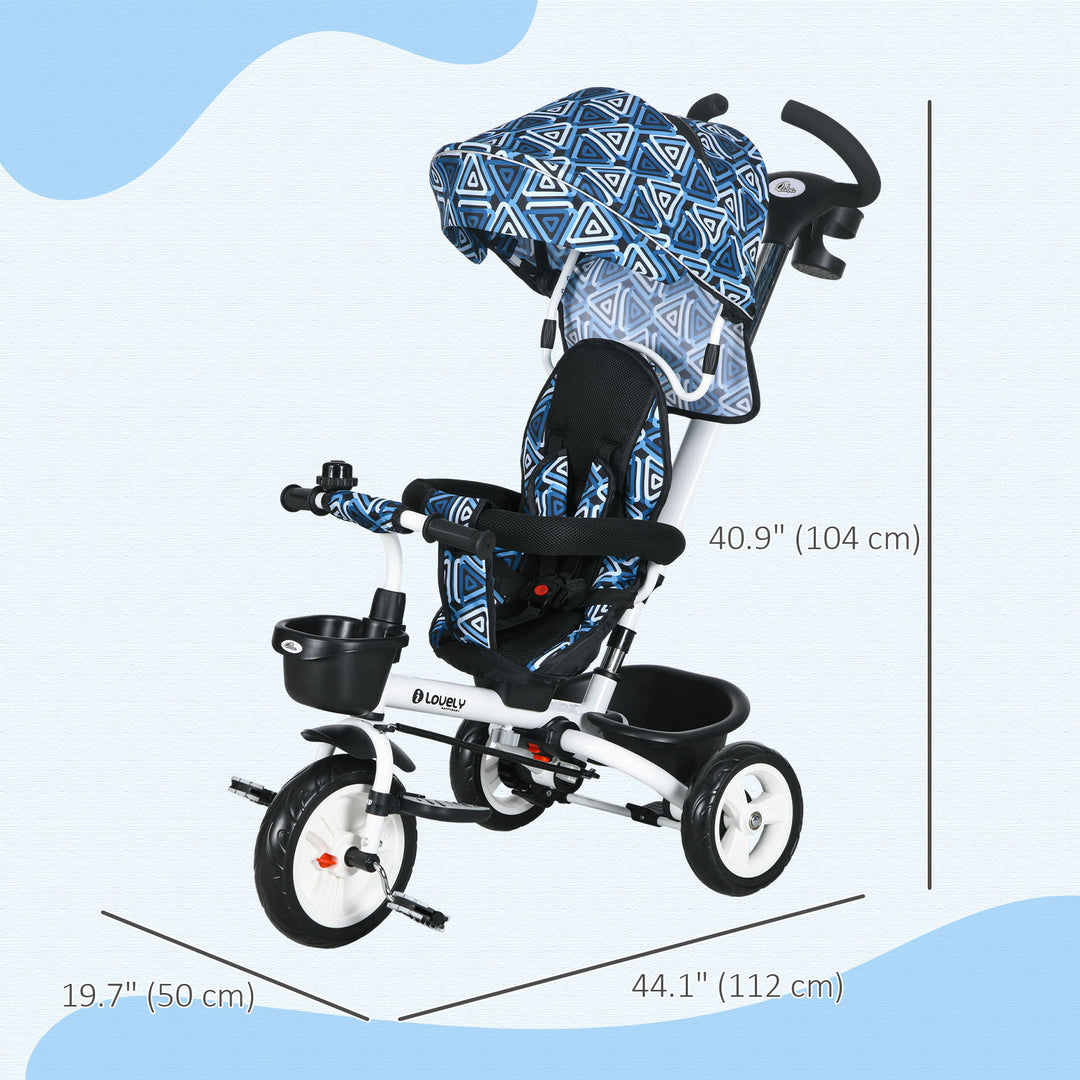 Qaba 6 in 1 Toddler Tricycle with Parent Push Handle, Canopy, Storage Baskets, Cupholder, Dark Blue