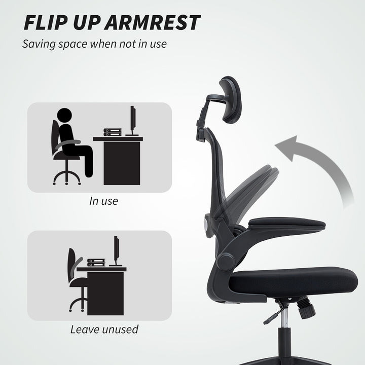 HOMCOM Ergonomic Mesh Office Chair, High Back Desk Chair with Rotatable Headrest, Flip-Up Armrests, Lumbar Support, Grey