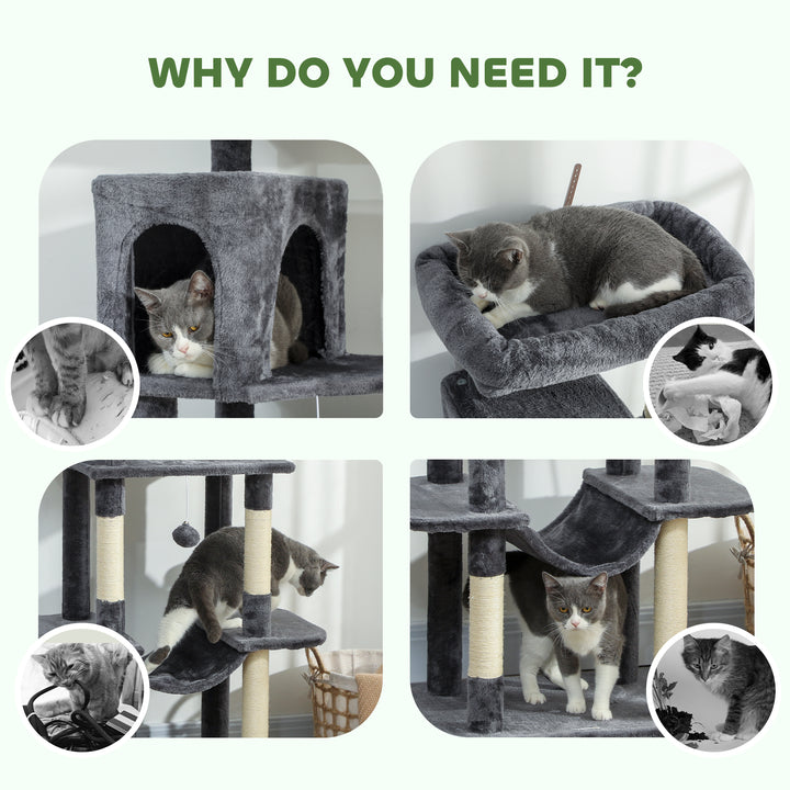 PawHut 69" Cat Tree, Multi-Level Cat Tower with 2 Condos, Plush Perch and Sisal Scratching Posts, Dark Grey