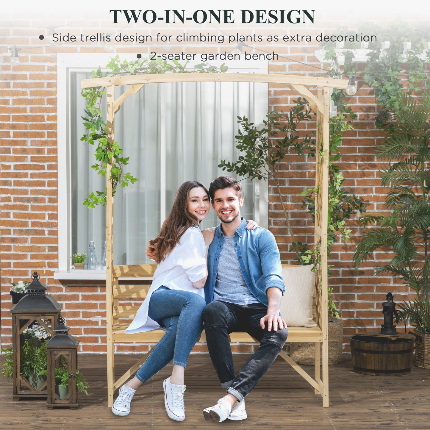 Outsunny Garden Arch with 2 Person Bench, Wooden Garden Arbor Archway Trellis for Climbing Plants, Lawn, Backyard Decor, Natural