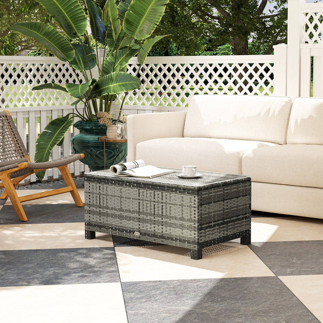 Outsunny Rattan Coffee Table, Patio Side Table, Hand-woven Wicker Furniture with Tempered Glass Top Outdoor Garden Patio, Black