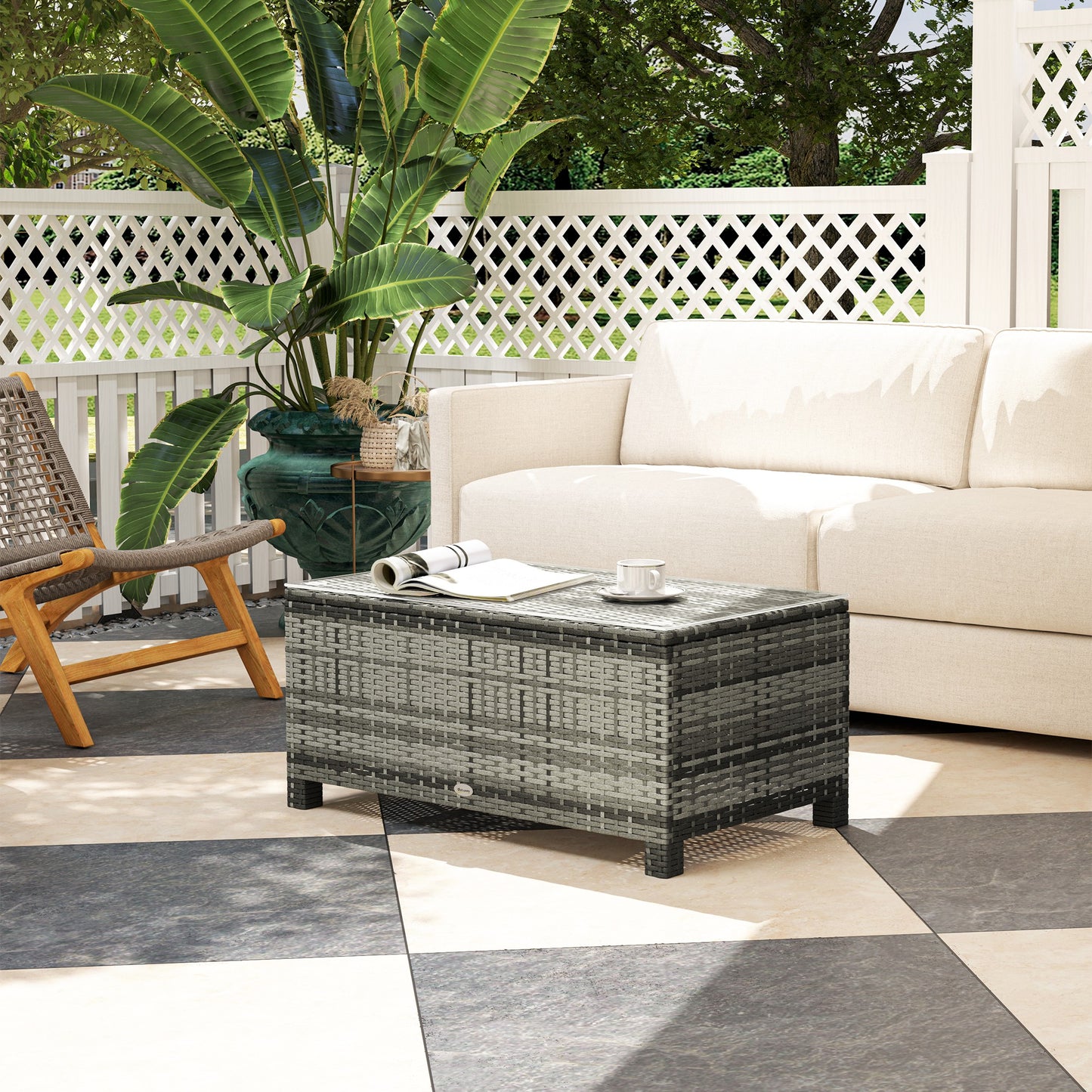 Outsunny Outdoor PE Rattan Wicker Table, Patio Garden Side Table w/Glass Top for Patio, Balcony, Mixed Grey