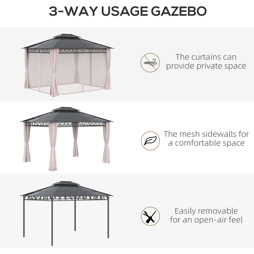 Outsunny 10' x 12' Outdoor Hardtop Gazebo Canopy w/ Double PC Roof, Steel Frame, Nettings, Curtains for Garden Lawn Deck, Khaki