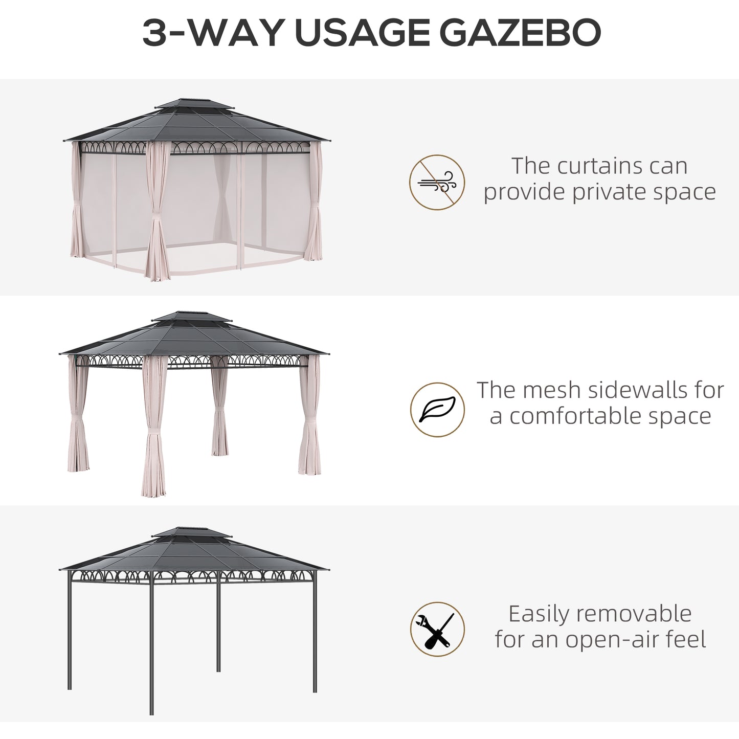 Outsunny 10' x 12' OutdoorÂ Hardtop Gazebo Canopy w/Â Double PC Roof, Steel Frame, Nettings,Â Curtains forÂ GardenÂ LawnÂ Deck, Khaki
