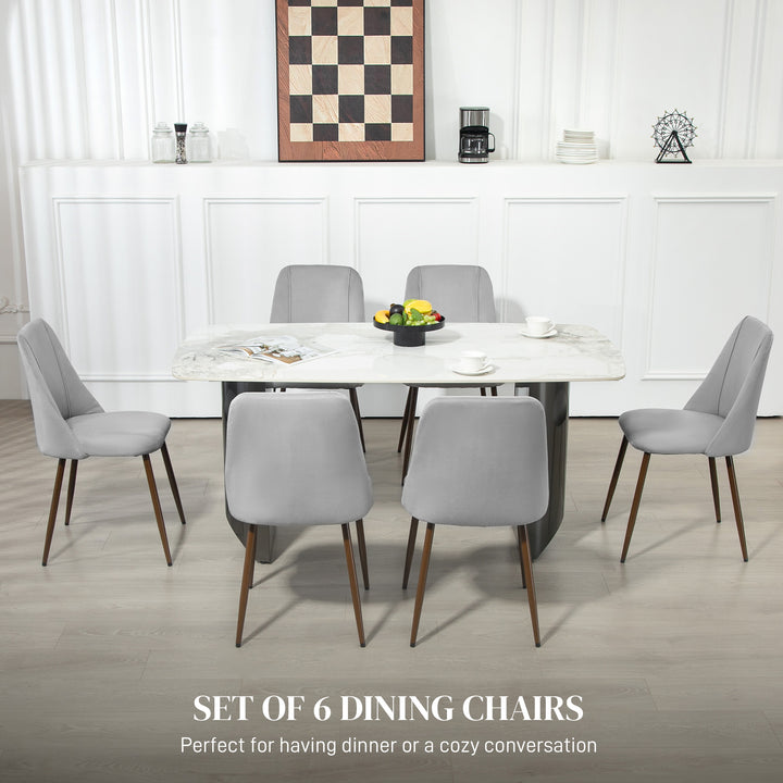HOMCOM Upholstered Dining Chairs Set of 6, Velvet Accent Chair with Back and Wood-grain Steel Leg for Kitchen, Grey