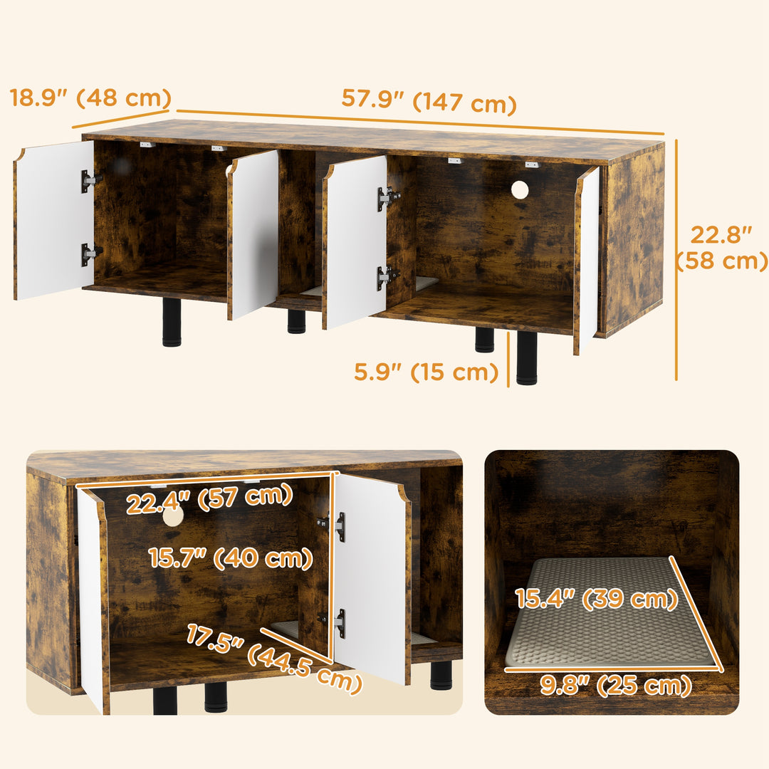 PawHut Hidden Cat Litter Box Enclosure with 2 Cabinets, Double Doors and Sand Drain Pad, Rustic Brown