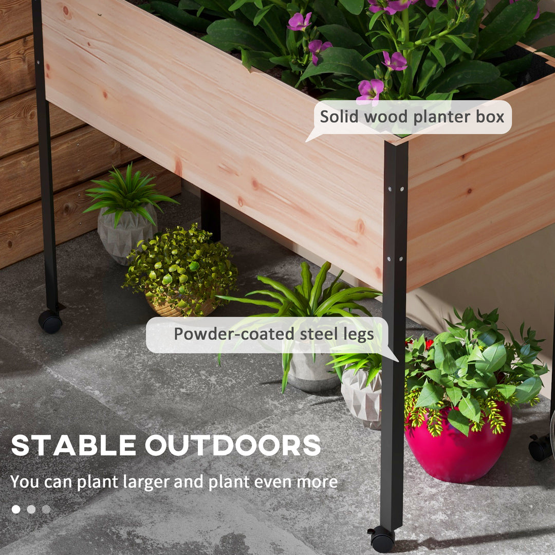 Outsunny Wooden Elevated Planter Box, Raised Garden Bed with Wheels, Metal Legs, Drainage Holes and Bed Liner