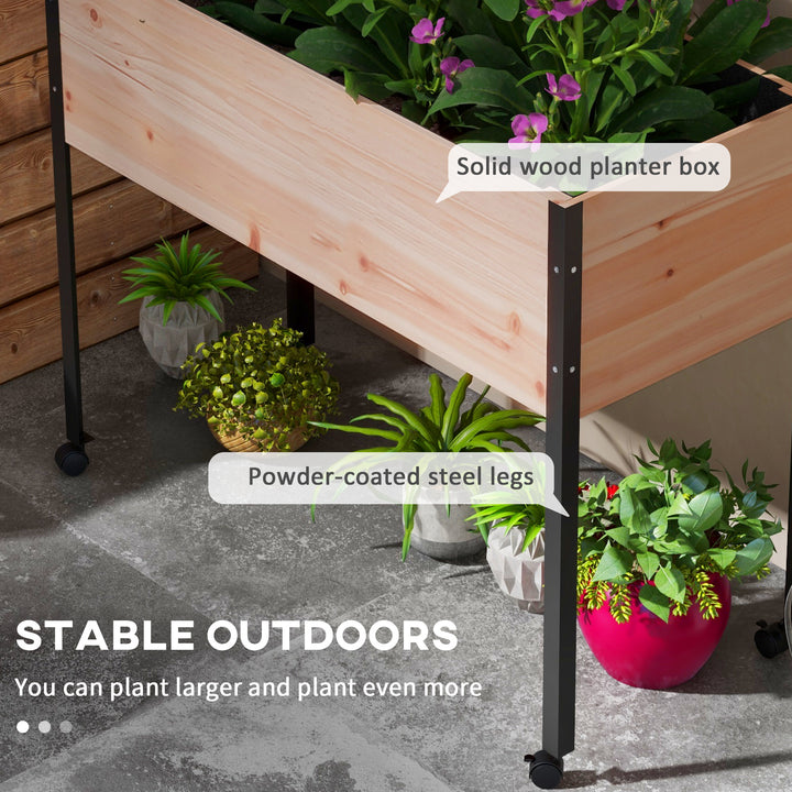 Outsunny Wooden Elevated Planter Box, Raised Garden Bed with Wheels, Metal Legs, Drainage Holes and Bed Liner