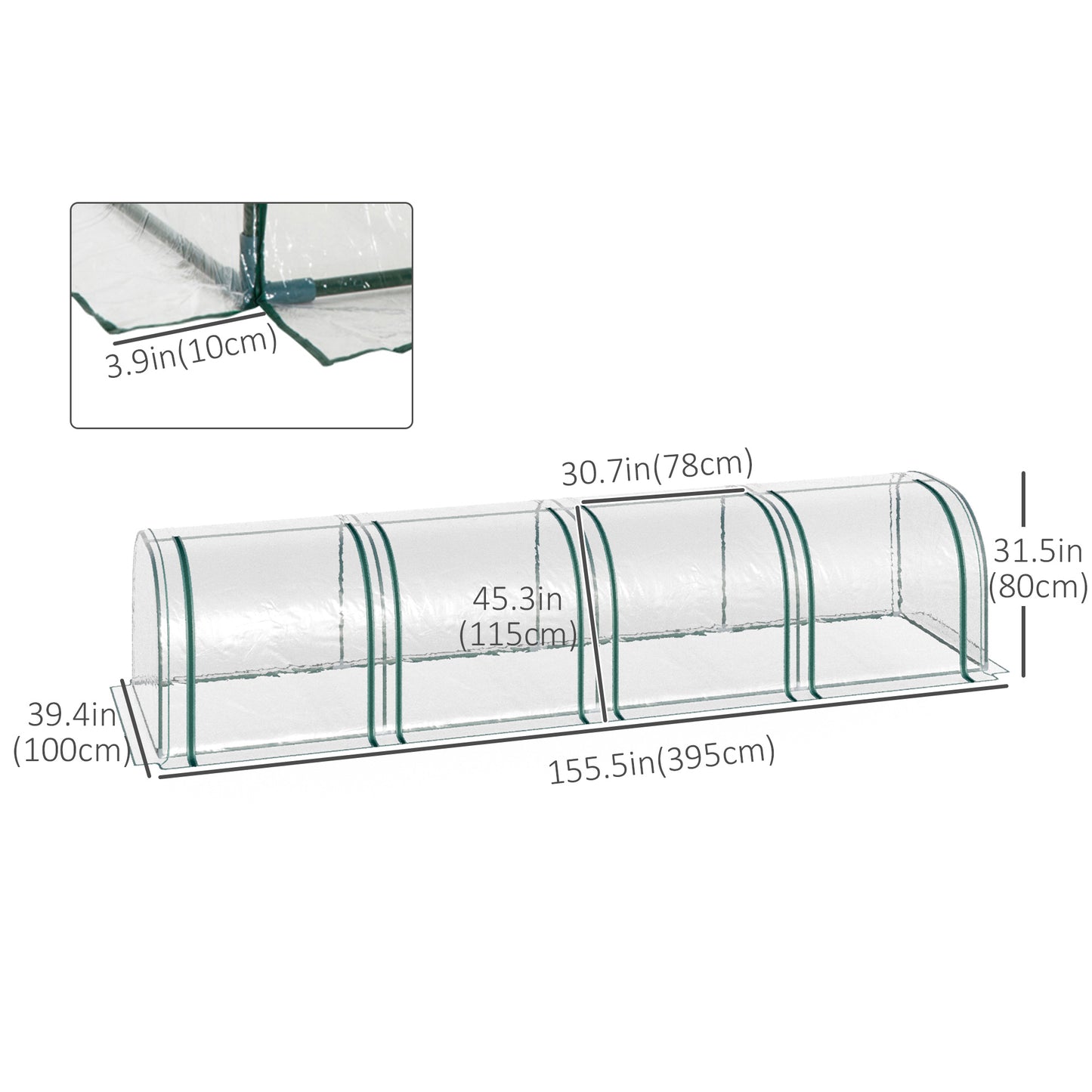 Outsunny 138"x39"x32" Transparent PVC Mini Tunnel Greenhouse Garden Green Grow Shed Portable Plant Flower Warm House Steel Frame Zipped Doors