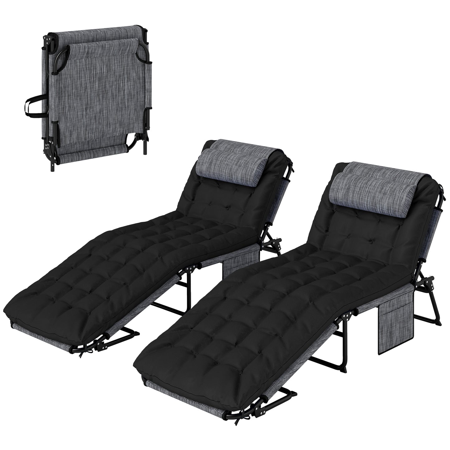 Outsunny 2-Piece Folding Lounge Chairs with Adjustable Backrest, Tanning Chair with Cushion, Side Pocket, Headrest, Grey