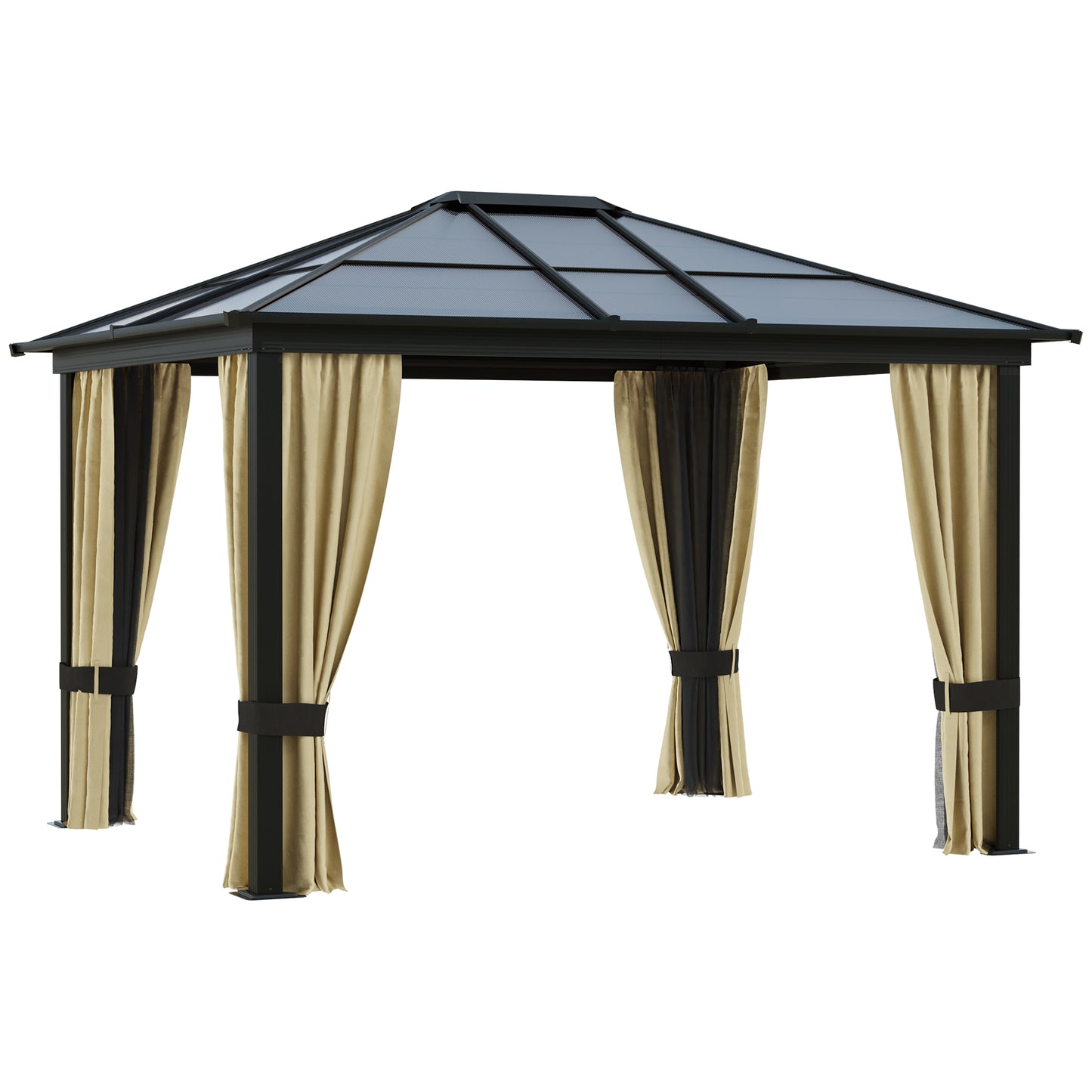 Outsunny 10 x 10 ft Hard Top Gazebo Canopy Heavy Duty Shelter Sun Shade w/ Curtain Beige, Coffee