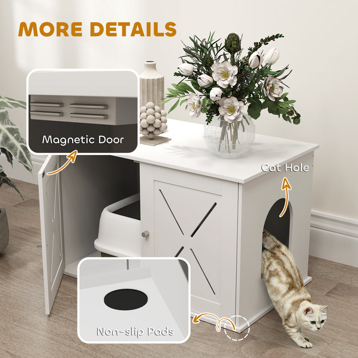 PawHut Hidden Cat Litter Box Enclosure with Double Doors, Hole, Pet House Side End Table, 31.5" x 19" x 20", White