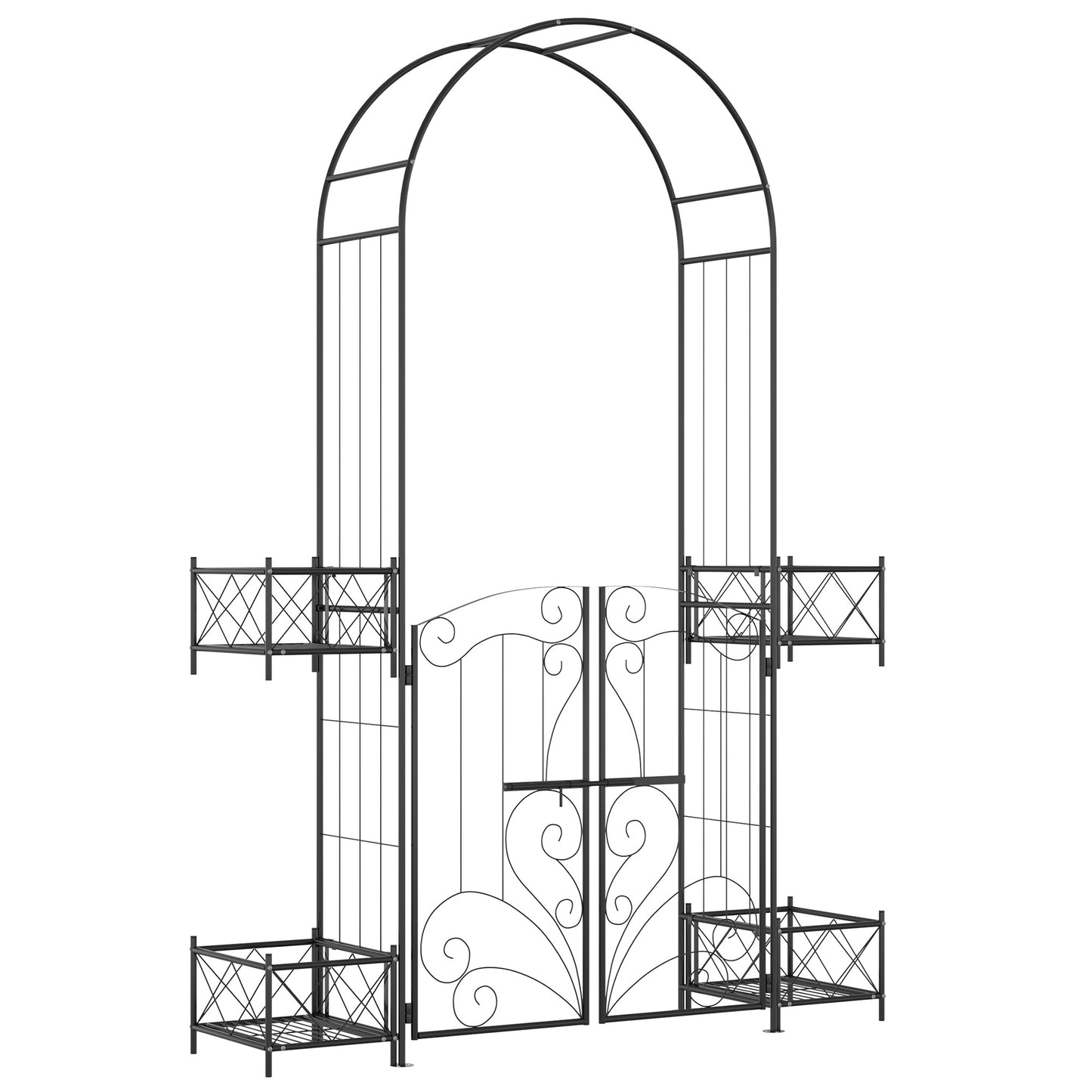 Outsunny 7.2FT Metal Garden Arbor Arch with Double Doors, 2 Side Planter Baskets, Climbing Vine Frame, Black