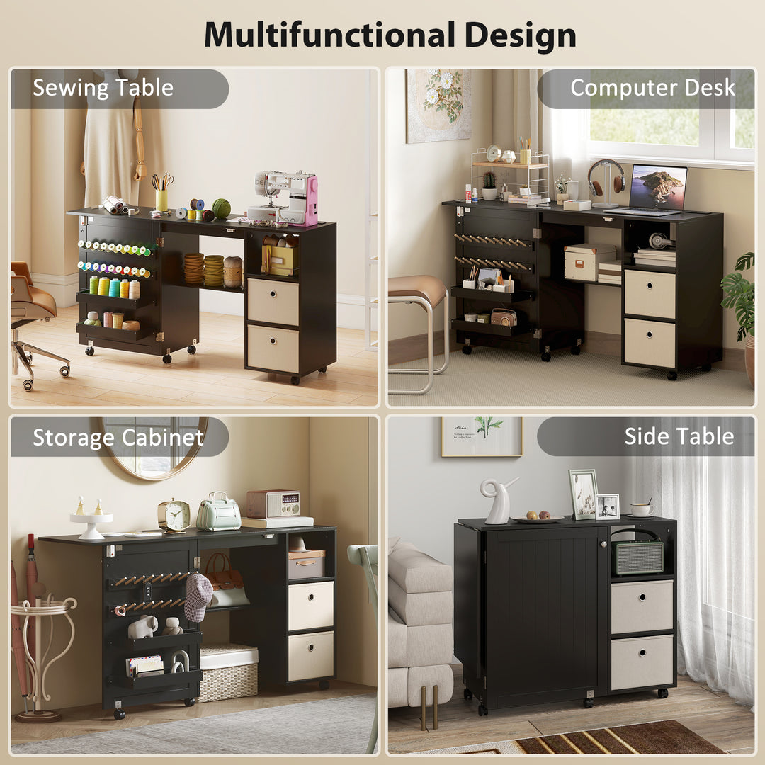 HOMCOM Rolling Sewing Machine Table with Power Outlet, Folding Craft Table with 2 Fabric Drawers, 2 Bins and 18 Pegs, White